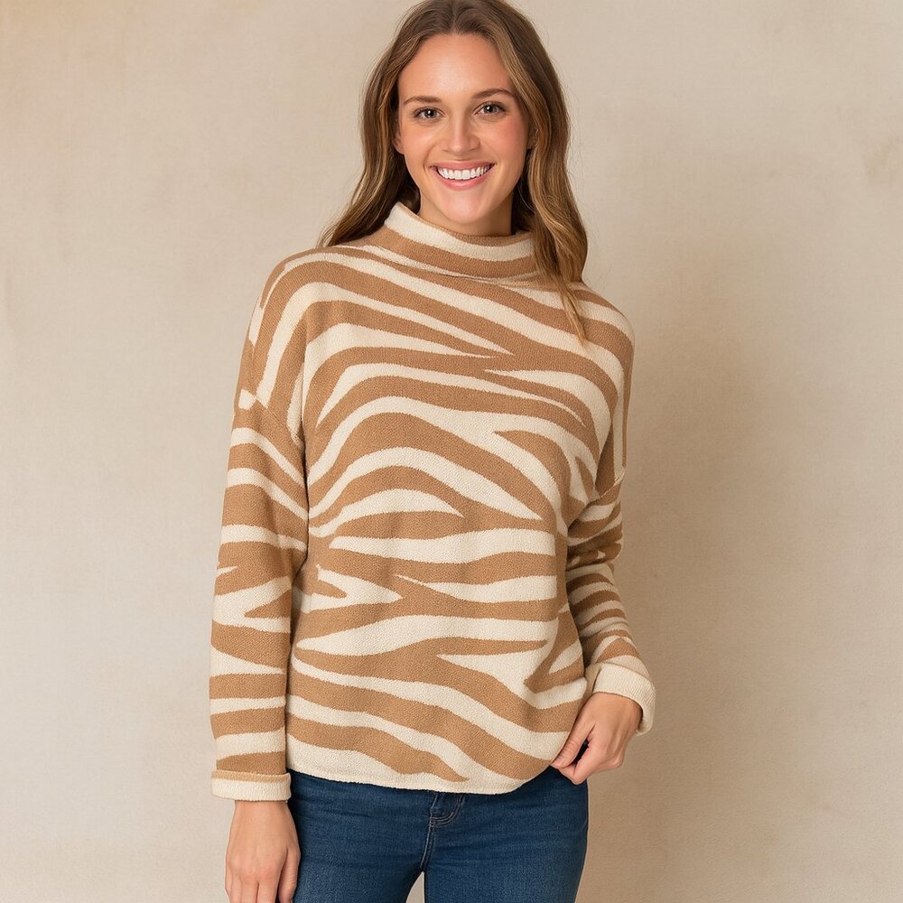 Tribal Jeans Tan Zebra Print High Neck Sweater Small Soft Oversized Pullover